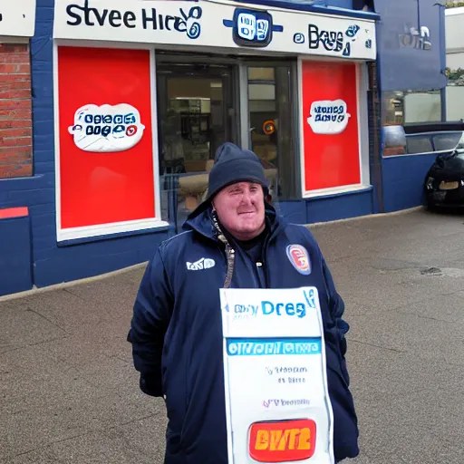 Prompt: Steve Bruce working at Greggs