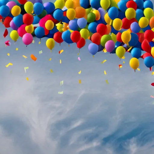 Image similar to a lot of birthday balloons floating in the clouds