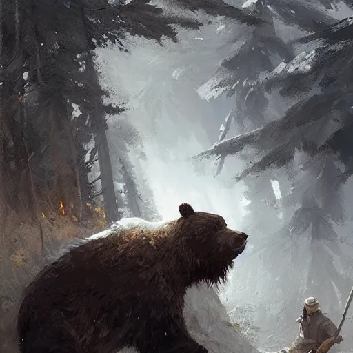 Prompt: a brave man holding a weapon attacking a bear by greg rutkowski