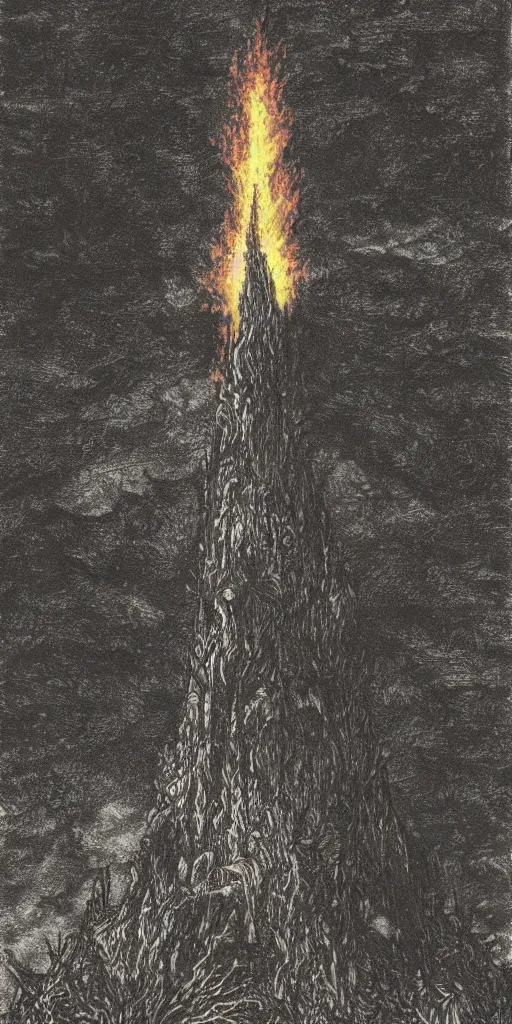 Image similar to a dark tower on fire upon a hill surrounded by a dark forest , high fantasy, drawn by Kentaro Miura, Tarot card, tarot card the tower