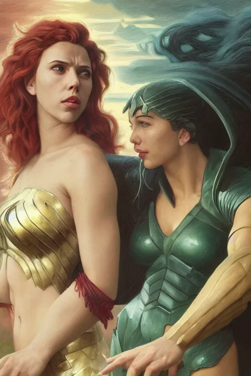 Image similar to A fantasy comic book style Oil Painting portrait of Scarlett Johansson and Gal Gadot, as Atlantean Reptilian Warriors, Mystical Valkyrie, unreal 5, DAZ, hyperrealistic, octane render, Regal, Refined, Detailed Digital Art, RPG portrait, William-Adolphe Bouguereau, Michael Cheval, Walt Disney (1937), François Boucher, Steampunk, Josephine wall, dynamic lighting, Highly Detailed, Cinematic Lighting, Unreal Engine, 8k, HD