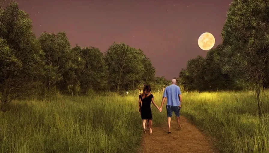 Image similar to a couple walking in the middle of fireflies the color of the moon, cinematic lighting, wow, establishing shot