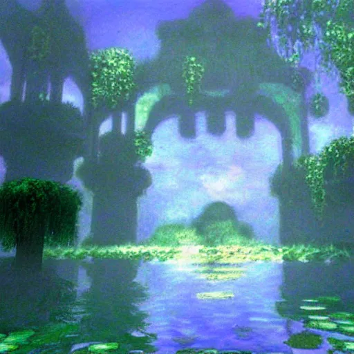 Image similar to gloomy underwater pastoral dreamscape by claude monet, from legend of zelda water temple level