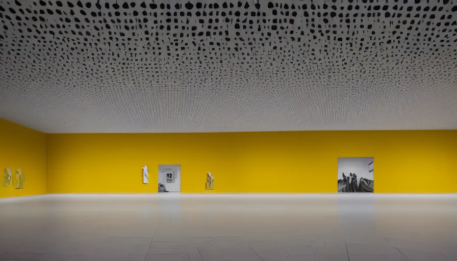 Prompt: 60s movie still of a sovietic stalinist style empty art museum with a soviet congress with yellow wall, canon 5d, liminal Space style