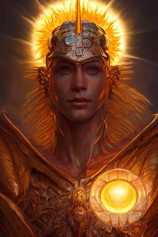 Image similar to humanoid god of the sun, highly detailed, d & d, fantasy, hyper detailed, digital painting, trending on artstation, apollo, concept art, sharp focus, illustration, art by artgerm and magali villeneuve and greg rutkowski and michael whelan, cryengine, 8 k realistic atmospheric lighting, frostbite 3 engine