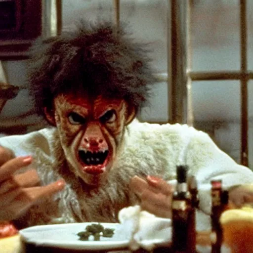 Image similar to film still of a funny looking werewolf with his hand extended, looking at food, in an american werewolf in london