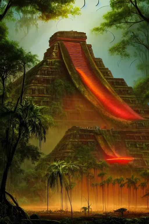 Image similar to a swampy tropical forest with red lightning bugs flying around a ancient mayan ruin designed by zaha hadid, tone mapped, shiny, intricate, cinematic lighting, highly detailed, digital painting, artstation, concept art, smooth, sharp focus, illustration, art by arthur haas and bruce pennington and john schoenherr