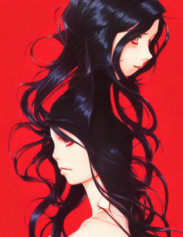 Image similar to a ultradetailed beautiful panting of rin tohsaka with flowing hair, 1 / 4 portrait, black hair, by conrad roset, greg rutkowski and makoto shinkai, rin, red dress, fate, trending on artstation