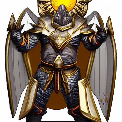 Image similar to animated armor that looks with a sun emblem on his chest, mid shot photo, style of magic the gathering, dungeons and dragons, fantasy, intimidating