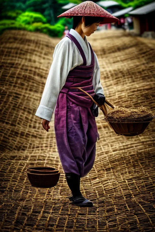 Image similar to japanesse farmer, cinematic view, bokeh, extreme detailed, vogue photo style, proportional, dynamic composition, details, intricate, comfort posse, smooth, sharp focus, body features, ultra realistic, award winning photo, captured by nikon d 8 5 0, 4 5. 7 mp lens, 4 k, full body.