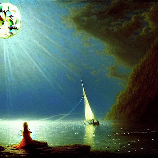 Image similar to an elegant fairy queen in a blue lace dress dancing looking out at a lord of the rings scenery landscape, staring across the sea at a white timber sail boat, evening, god's rays highly detailed, vivid colour, soft clouds, full moon, cinematic lighting, perfect composition, gustave dore, derek zabrocki, greg rutkowski, belsinski