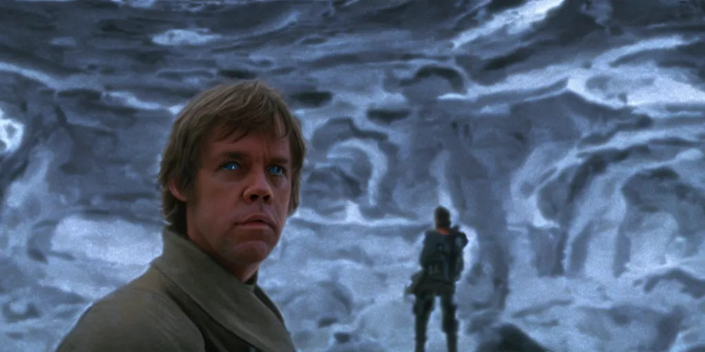 Image similar to screenshot portrait of Luke Skywalker, on a planet of maelstrom, chaos, the world without form and void, 1970s film by Stanley Kubrick, iconic scene, HR Geiger design, stunning cinematography, hyper-detailed, sharp, anamorphic lenses, kodak color, 4k, stunning