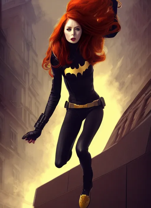 Prompt: Karen Gillan Batgirl, redhead, full body, no mask, symmetrical face symmetrical eyes, jumping from a building action pose, illustration, artstation, cinematic lighting, hyperdetailed, cgsociety, 8k, high resolution, Charlie Bowater, Tom Bagshaw, Norman Rockwell, insanely detailed and intricate