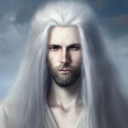 Image similar to white haired robe fu xi full male front body portrait, sit upright on the ground, very long white beard and hair, long hair shawl, fine kindness delicate prefect face features gaze, piercing eye, elegant, style of tom bagshaw, cedric peyravernay, peter mohrbacher, victo nga, 4 k hd illustrative wallpaper, animation style, chinese style