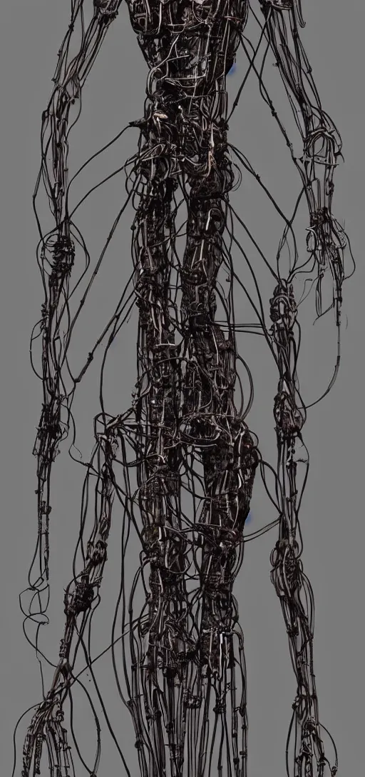 Prompt: human made out of wires and machinery, tall, body horror, creepy, disturbing, dark,