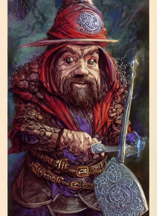 Image similar to portrait of dwarf sorcerer, beautiful! coherent! dungeons and dragons character, by brian froud, larry elmore, gerald brom, ralph horsley strong line, deep color, chainmail, short red hair, high contrast