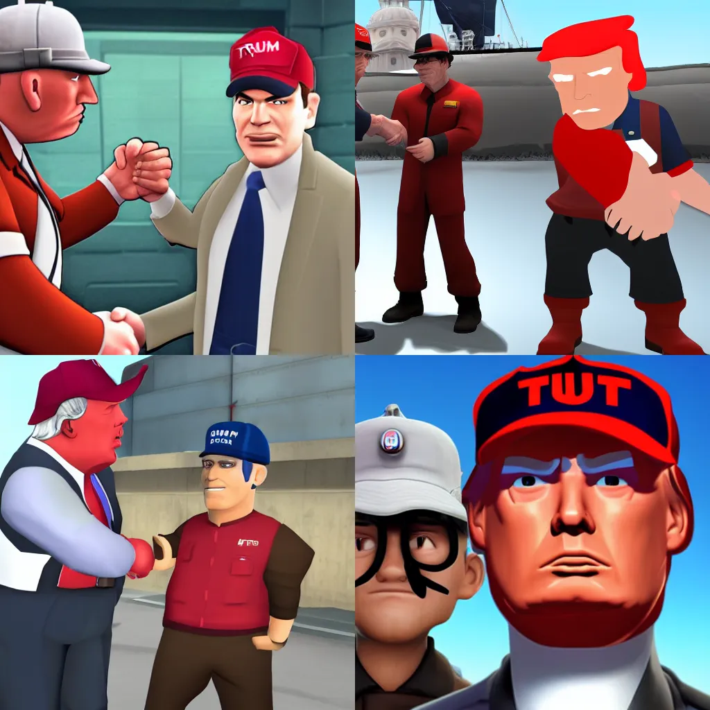 Prompt: The Team Fortress 2 Scout shakes hands with Donald Trump
