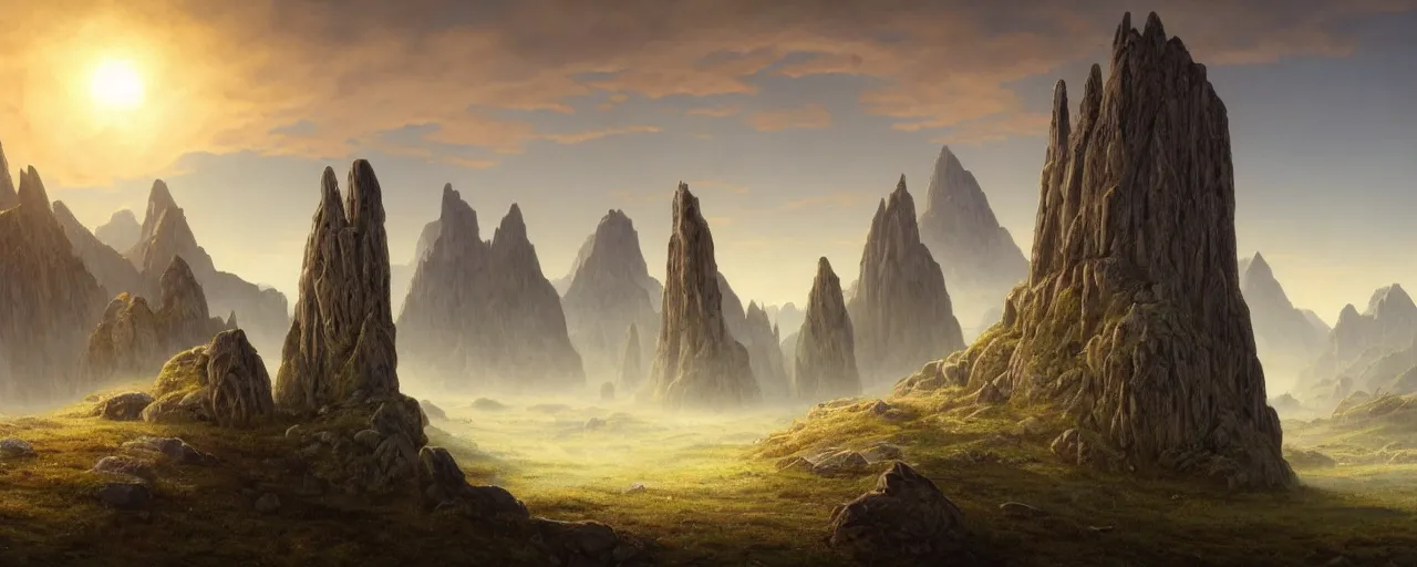 Prompt: A beautiful hyper realistic detailed matte painting of the old rock magic altar of ice in a montane grassland landscape at sunrise, huge carved with runes ancient tower in the centre of composition, by John Howe and Andreas Rocha and Martin Johnson Heade and Albert Bierstadt, unreal engine, trending on artstation, barometric projection, rectilinear