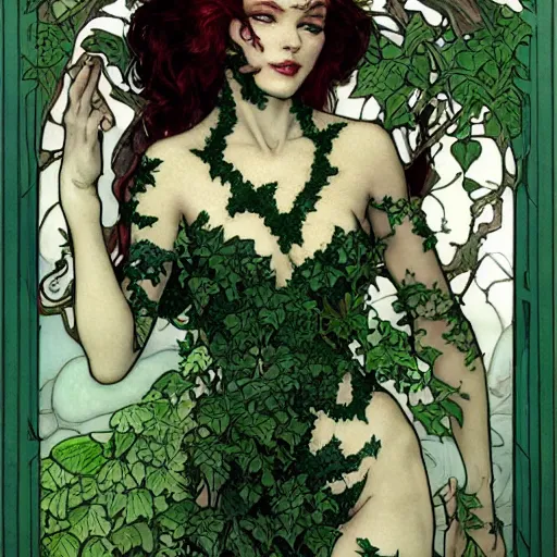 Prompt: a beautiful painting of poison ivy as an up and coming attorney who can't balance her life for love, dark eyeliner, intricate, elegant, highly detailed, digital painting, artstation, concept art, matte, sharp focus, illustration, art by rebecca guay and by arthur rackham and by alphonse mucha and by john william waterhouse