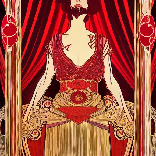 Image similar to flowing theatre red curtains, centered radial design, gold art nouveau graphic elements, painting by mucha, beautiful lighting, anime, studio ghibli, norman rockwell, trending on artstation