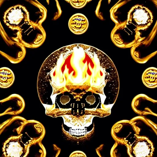 Prompt: a symmetrical skull of white flames in the center surrounded by a large number of glittering gold and silver coins and some treasure chests in the background of a dark slate cave, rays of light, dust, dim lighting, highly detailed, cinematic, high contrast, intricate, mystery, epic, dark fantasy, sense of awe, matte painting, digital art