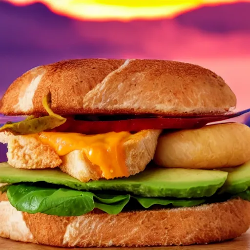 Prompt: one sandwich with fried tofu, one red tomato slice, mayonnaise, one fried onion ring, avocado, melted cheddar, over a red dish that is on a table, with a sunset and rainbow in the background with saturn and stars in the sky