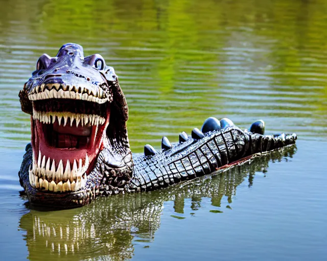 Image similar to wise zulu elder alligator guy has a sharp line of teeth. my teeth are sharp. there is a lake in the foreground with water reflections.