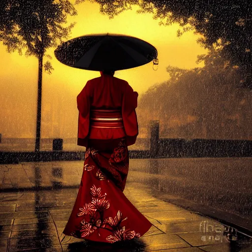 Prompt: dramatic portrait of a geisha holding and umbrella in a rainstorm at sunset by rob rey