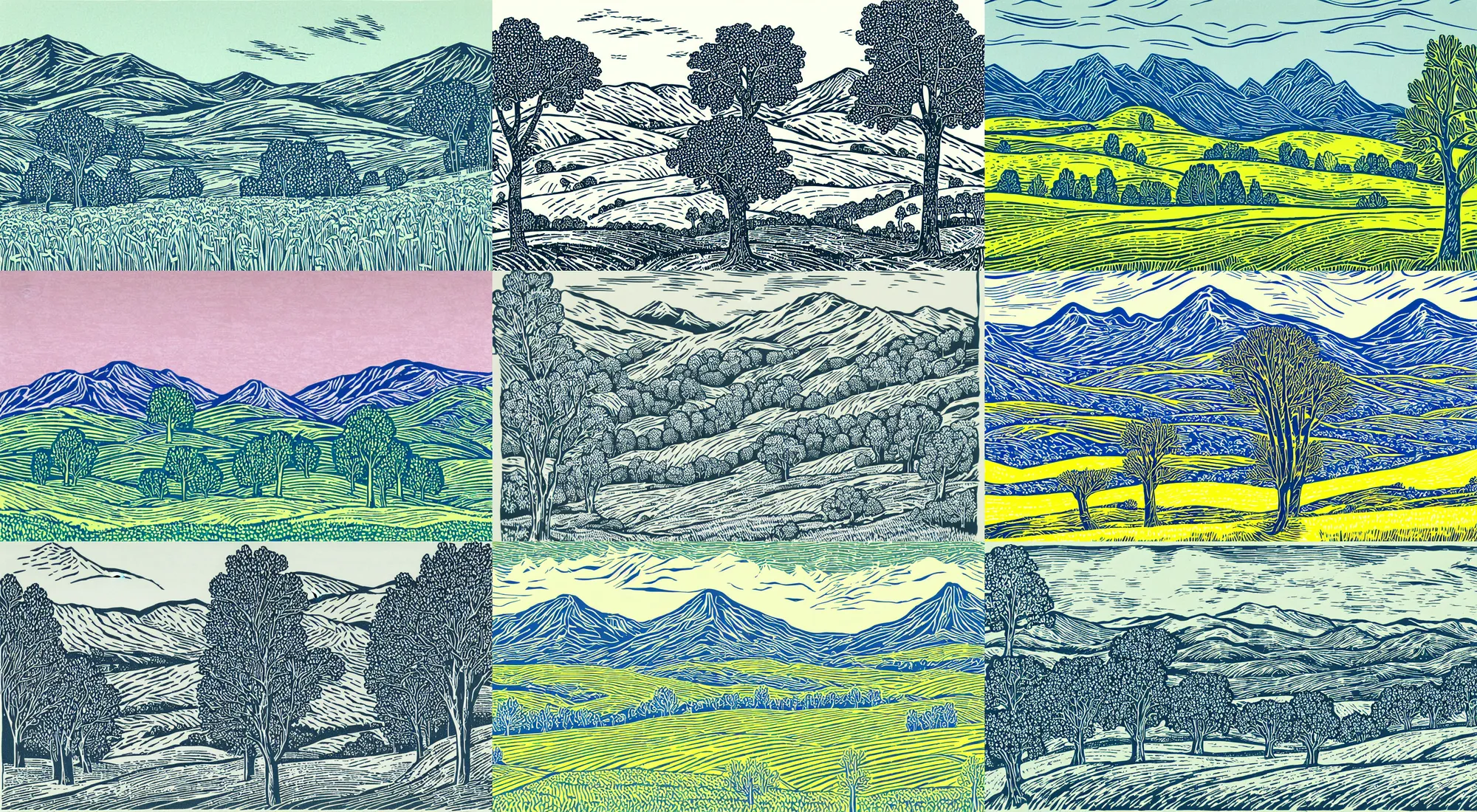 Prompt: a beautiful linocut print on paper of spring landscape with trees, mountains, fields