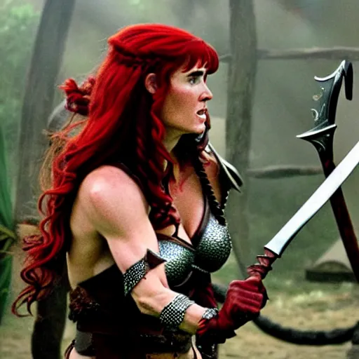 Image similar to jennifer connelly as red sonja, battle scene