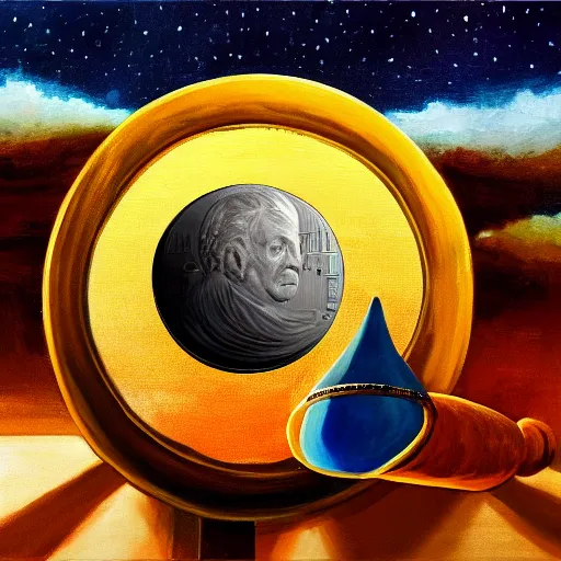 Image similar to a painting of a giant coin connected to a rocket shooting towards the moon