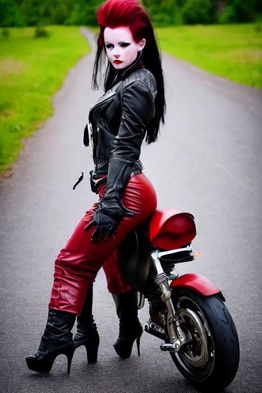 Image similar to full - length photo, young woman, riding a motorcycle, gothic clothes, red high heels, leather jacket, 4 k, colourful