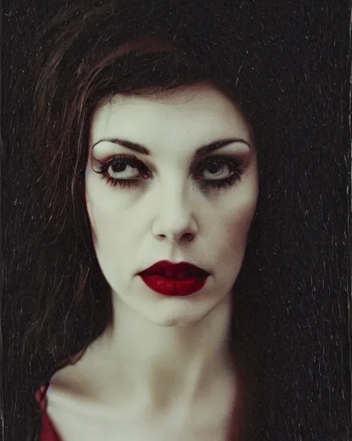 Image similar to an instant photo of a beautiful but sinister woman in layers of fear, with haunted eyes and tangled dark hair, 1 9 7 0 s, seventies, delicate embellishments, a little blood, crimson, painterly, offset printing technique, mary jane ansell