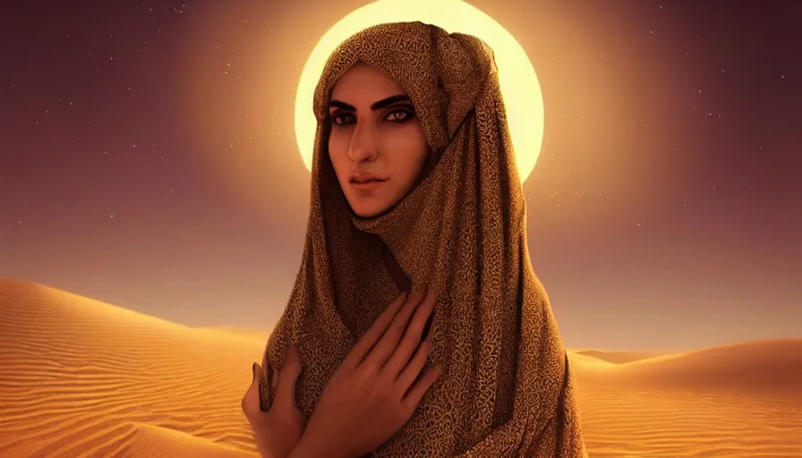 Image similar to Portrait of very very very very very very beautiful Arab woman wearing a burqa, glowing gold eyes, under giant full moon in the desert, intricate, elegant, highly detailed, digital painting, artstation, concept art, smooth, sharp focus, illustration, art by WLOP and artgerm and greg rutkowski and alphonse mucha