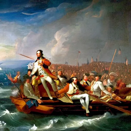 Prompt: a classical oil painting of george washington crossing the delaware except it's a beach party.