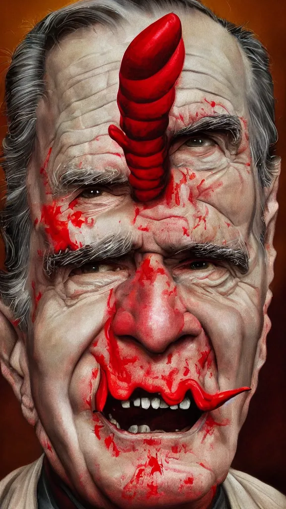 Image similar to demonic george hw bush with red horns, painting in the style of norman rockwell, 1 9 5 0 s, evil, satan, devil, demonic, demon, hyperrealistic, photorealistic, award - winning, 4 k, ultra hd, artstation, intricate, highly detailed, american, usa, dark, gritty