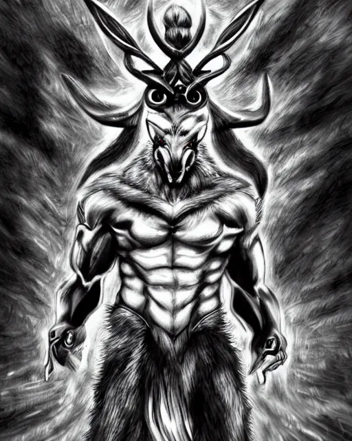 Prompt: A minotaur wolf, full body, black and white, fantasy art, monster art, in the style of masami kurumada, illustration, epic, fantasy, intricate, hyper detailed, artstation, concept art, smooth, sharp focus, ray tracing