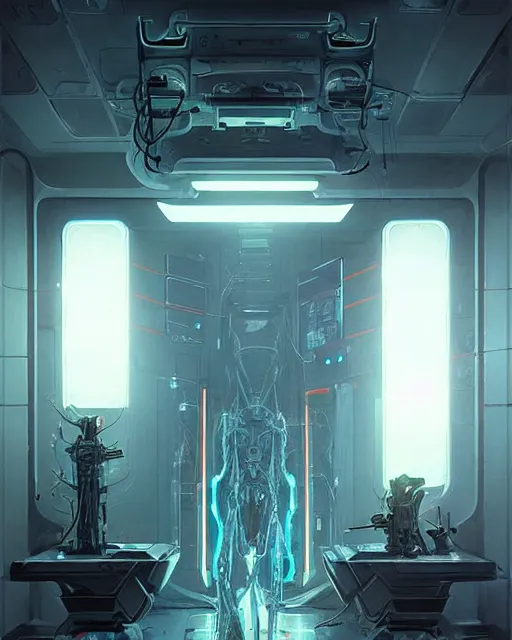 Image similar to neon surgery machine cyberpunk futuristic, in a white room, art by giger, greg rutkowski