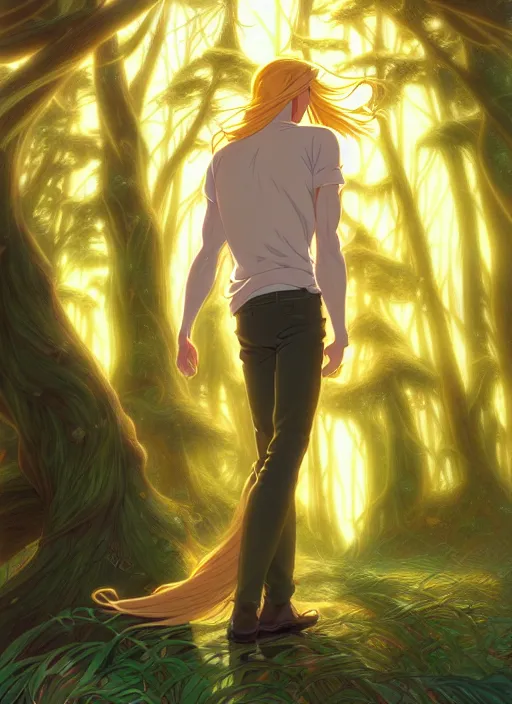 Image similar to book cover design, slender young man with long golden blond hair, shiny and sparkling, from behind, back shot, lost in a magical forest, natural lighting, path traced, highly detailed, high quality, cartoon, digital painting, by don bluth and ross tran and studio ghibli and alphonse mucha