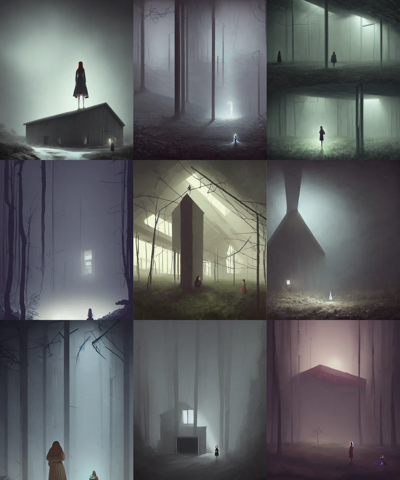 Prompt: simon stalenhag. composition : medium full shot. style : digital art ; studio lighting ; mysterious ; 4 k. scenery : the inside of a dark barn. subject : a young woman with long black hair wearing a white dress. action : the woman is hidding behind a beam in the darkness.