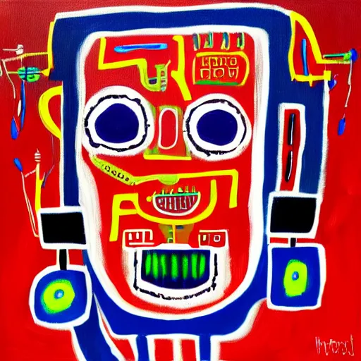 Image similar to painting of a Robot that has feelings in the style of Basquiat