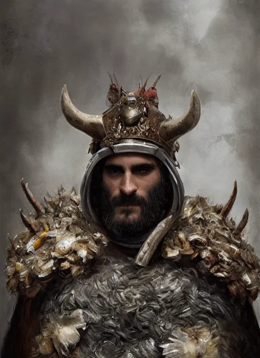 Prompt: joaquin phoenix with an armor made of animals, cow horns, pig nose, sheep wool, chicken feather armor, majestic, by anna podedworna, by miklos ligeti, by diego maricato, by taran fiddler, by antonino truisi, by chris reddie, by jinsung lim, trending on artstation