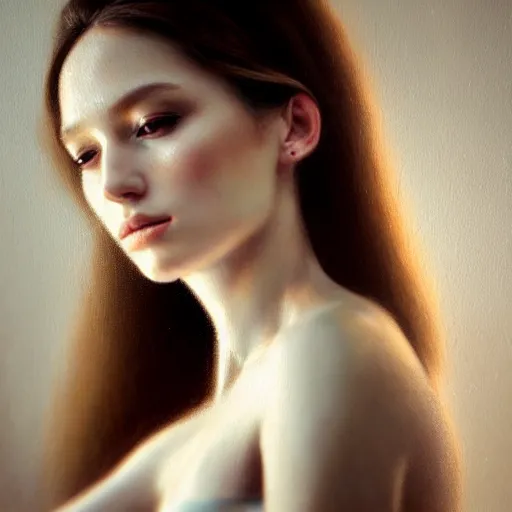 Image similar to half body portrait of tiffany, hyperrealism, beauty, intricate detail, photo by greg rutkowski, elegance, soft lighting, sharp focus