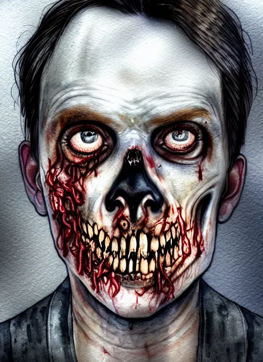 Image similar to zombie hollywood professional acting headshot, hyperrealism, intricate detailed, studio lighting, charming expression gesicht, talented watercolor, procreate illustration