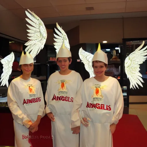 Prompt: angels in heavenly garb complete with wings working at a mcdonald's.