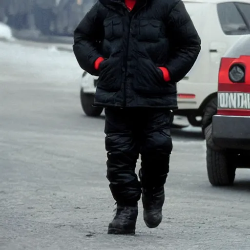 Prompt: john paul ii in a black puffed nuptse, black cargo pants and high black boots, press paparazzi photograph