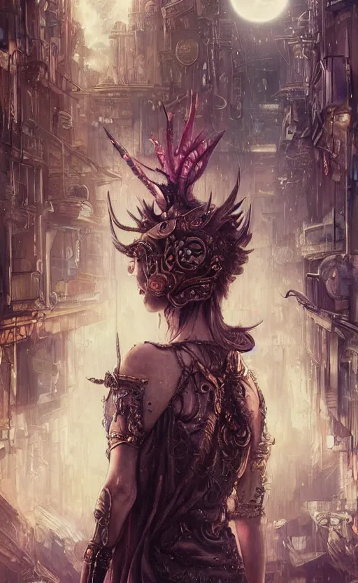 Image similar to hyper realistic Princess Mononoke, ornate mask magic, wet market street, cyberpunk metropolis, city landscape, jewels, full body pose, full moon, style of tom bagshaw, mucha, james gurney, norman rockwell, denoised, sharp