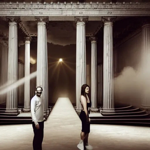 Image similar to portrait photo, god's rejected first draft of humanity, uncanny valley almost human adam and eve, inside a heavenly neo - futuristic greek revival beautiful cloud city with large white marble columns and low mysterious fog, golden hour lighting, god rays, volumetric lighting and fog