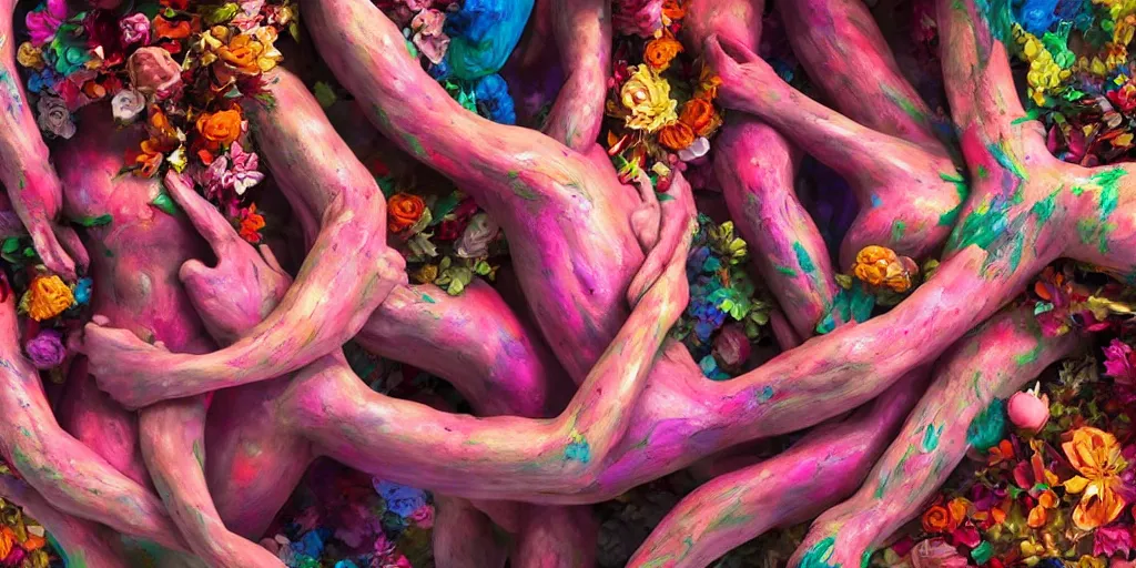 Prompt: closeup photograph of a surrealist sculpture human bodies intertwined, a lovely cornucopia of flowers and human body parts, body parts, paint pour, swirling paint, highly detailed, octane render, cinematic