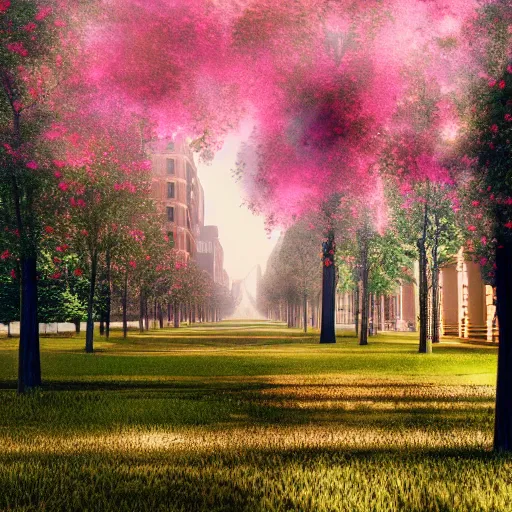 Prompt: 8k, octane render, realism, tonalism, renaissance, rococo, baroque, empty renaissance park, pink flowers, chaotic gold leaf flowers